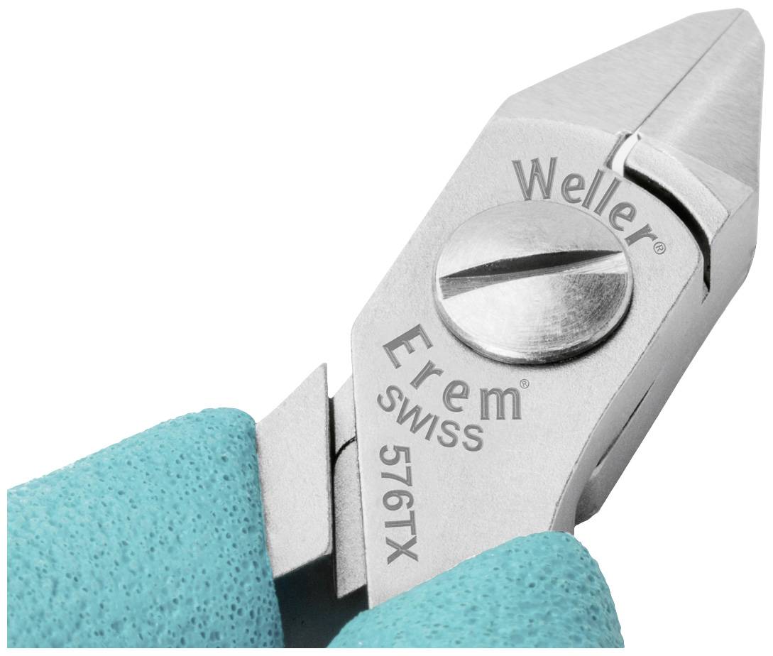 'Close-up of a precision side cutters with blue handles, brand Erem Swiss 576TX, suitable for fine cutting work.'
