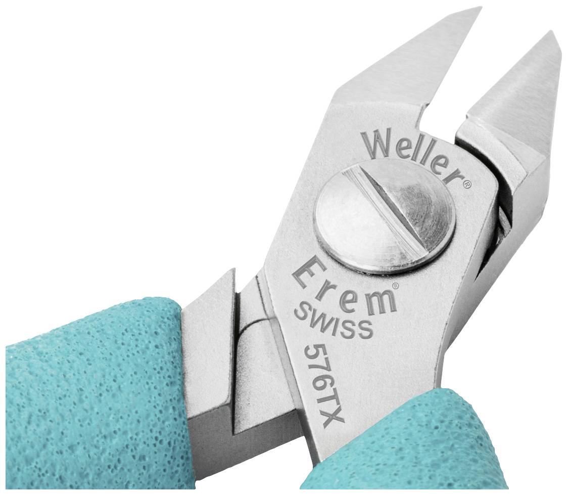 Close-up of a diagonal side cutter with an engraving 'Weller Erem Swiss 576TX' on the blade, blue handle.