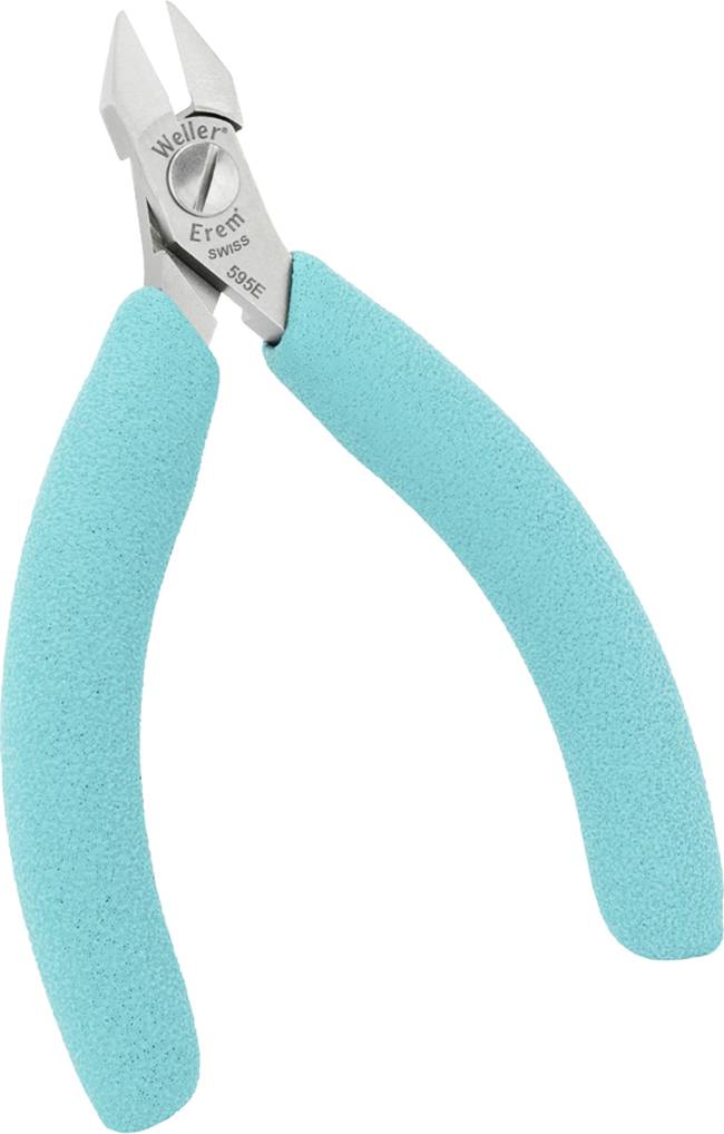 Pliers with blue-green handles and silver cutting jaws, on which 'Erem Weller' is written. Suitable for fine wire work.