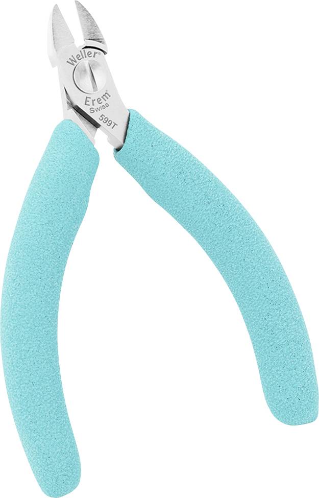 A pair of pliers with turquoise handles, suitable for cutting fine wires in electronic applications.