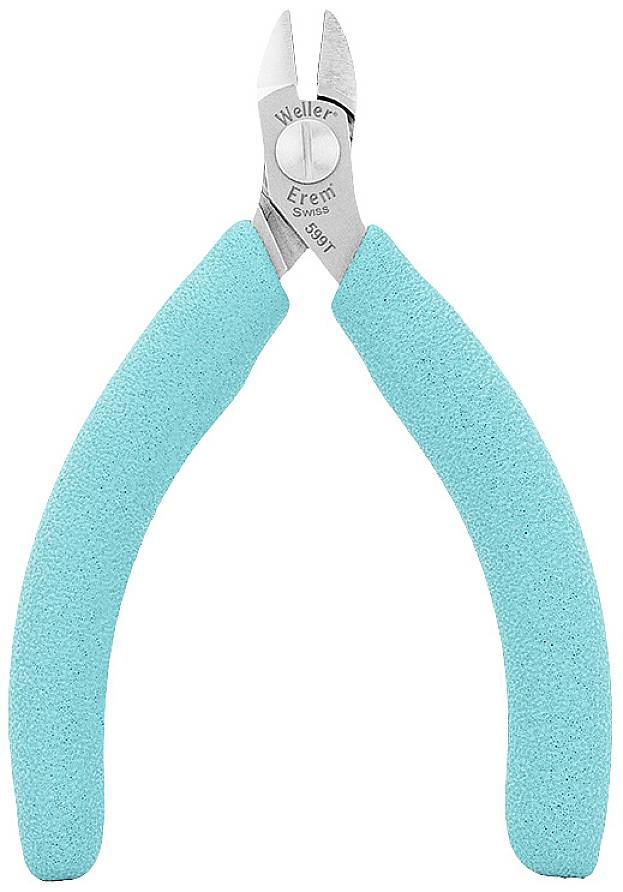 A turquoise side cutter with a silver blade and 'Weller Erem Swiss' engraving, used for cutting wire.
