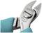 A person is holding an Erem precision side cutter with turquoise handles. The pliers are marked with 'Weller Erem Swiss'.
