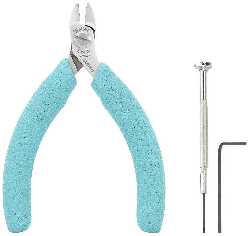 A side cutter with blue handles, alongside a small screwdriver and an Allen key, depicted as tools.