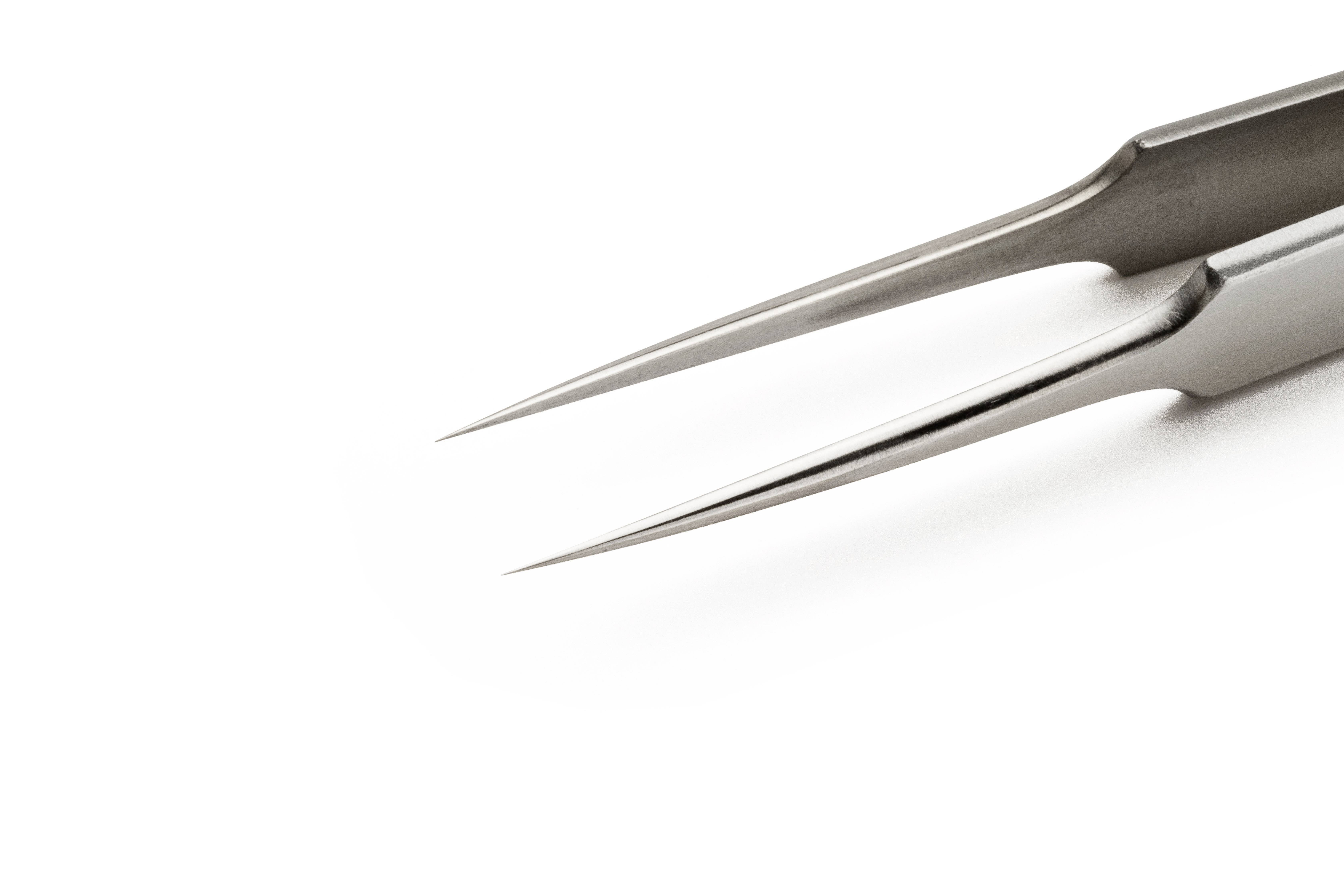 A pair of metal tweezers with fine tips against a white background, suitable for precise work such as electronics repairs or laboratory applications.