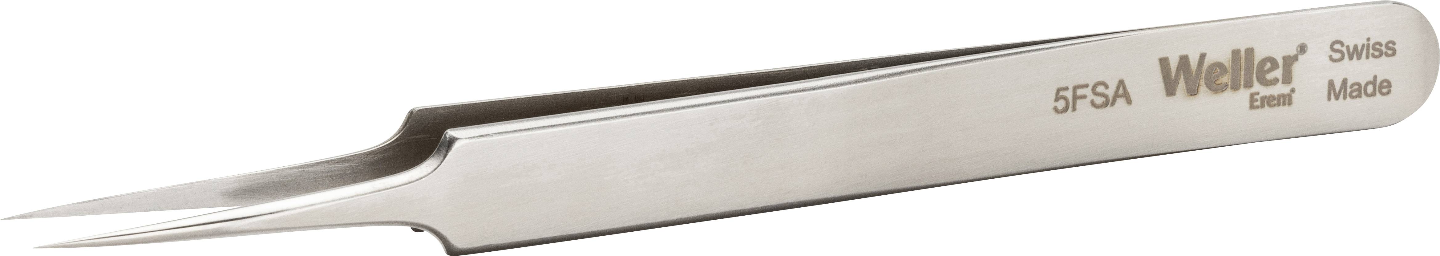 Stainless steel tweezers with fine tips, manufactured by Weller in Switzerland. Model number 5FSA. Suitable for precision work.