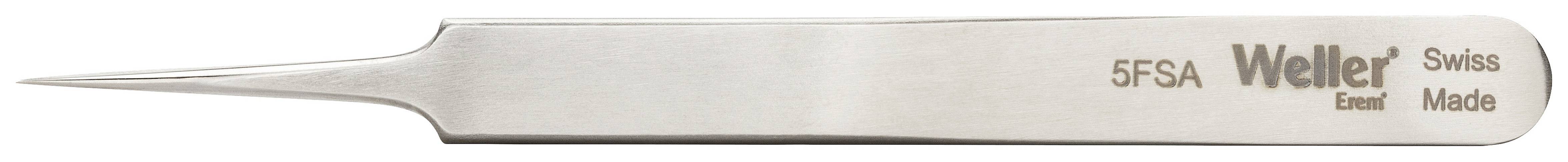 Tweezers with a fine point, marked '5FSA Weller Swiss Made', metallic and shiny, suitable for precise handling of small objects.