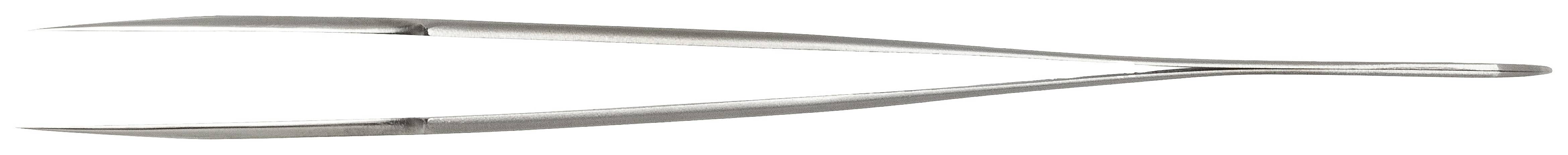 A straight, silver pair of tweezers with fine tips; tools like these are frequently used in medical or craft professions.