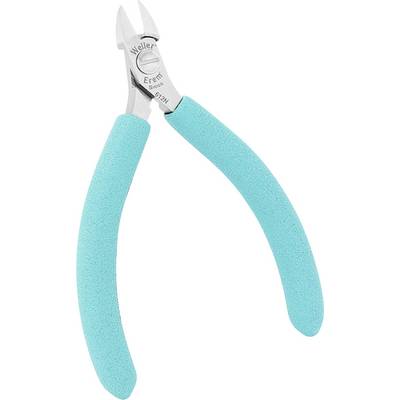 Pliers with turquoise-coloured handles and a silver cutting surface. 'Weller Erem Swiss 576N' marking on the blade.