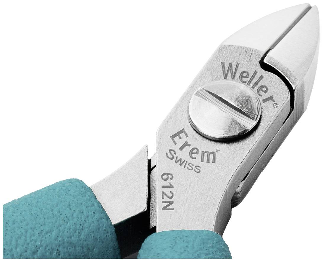 Close-up of a wire cutter with blue handles. 'Erem', 'Weller', 'Swiss' and '612N' are embossed on the metal.
