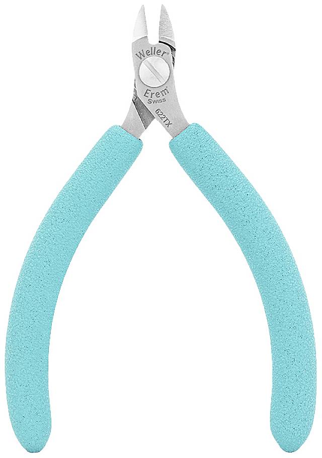 A turquoise side cutter with slightly curved handles, suitable for cutting wires and fine work.