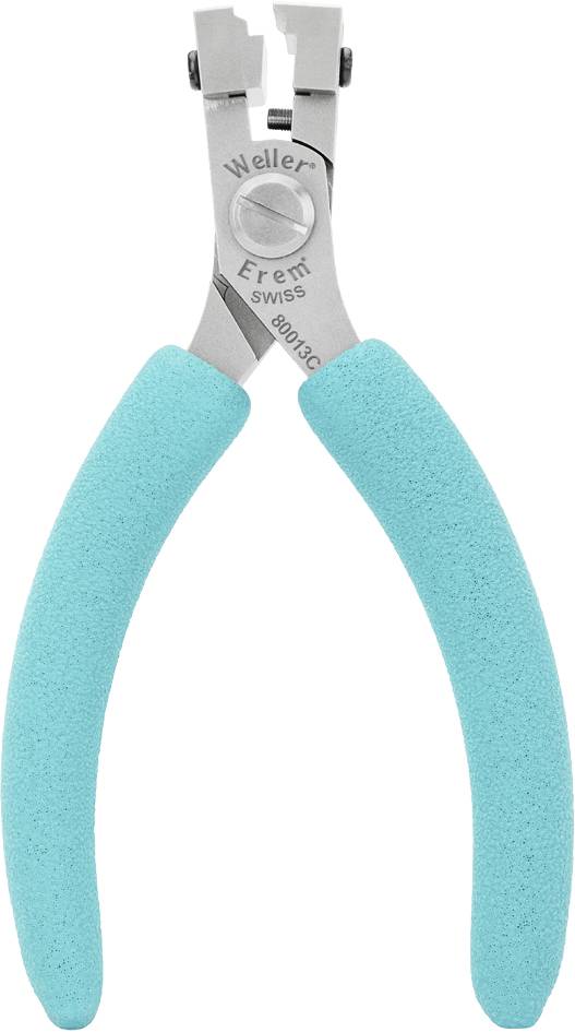 Pliers with turquoise handles and silver cutting edge. Marking: 'Weller Erem Swiss'.