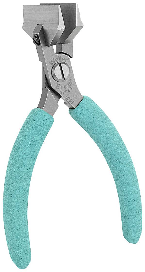 Pliers with turquoise handles and a distinctive cutting edge, likely suitable for cutting wires or thin materials.