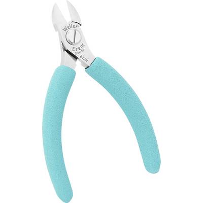 A silver pair of pliers with turquoise handles. The pliers have a curved tip and are frequently used for electrical work.