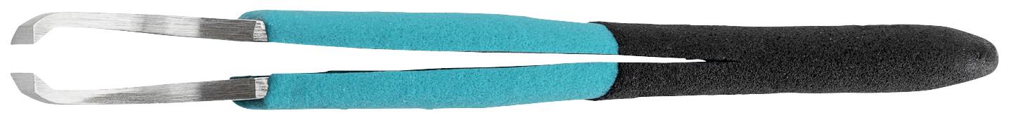 Gripping tool with two rubber handles, one blue and one black, used for holding small objects.