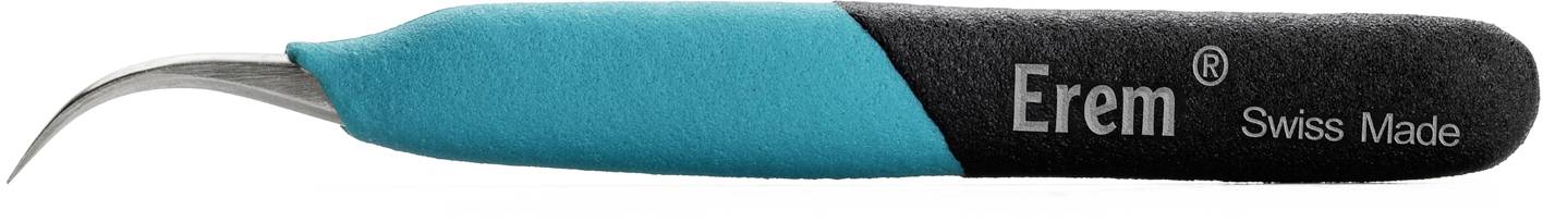 A precision tool with a curved tip and ergonomic handle, manufactured in Switzerland by Erem.
