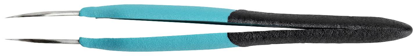 A pointed tweezers with black and turquoise handles. They are often used for precise work, such as removing splinters.