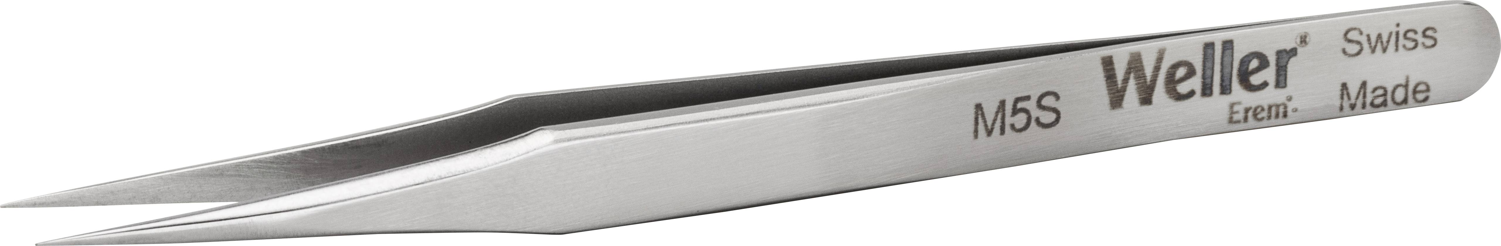 Metal tweezers with the inscription 'Weller M5S, Swiss Made'.