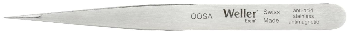 Metal tweezers with a fine, tapering point, marked with 'Weller' and 'Swiss Made', suitable for precision work.