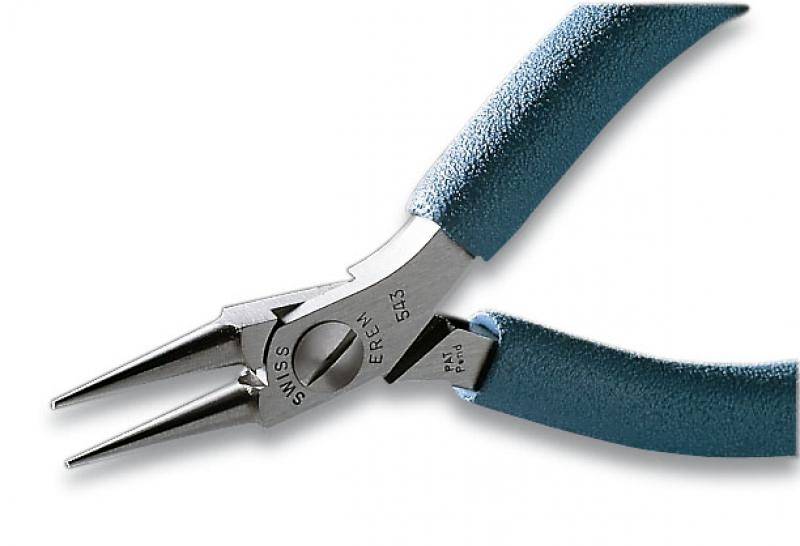 Round pliers with blue handles, suitable for precise bending work on wire or other small materials.