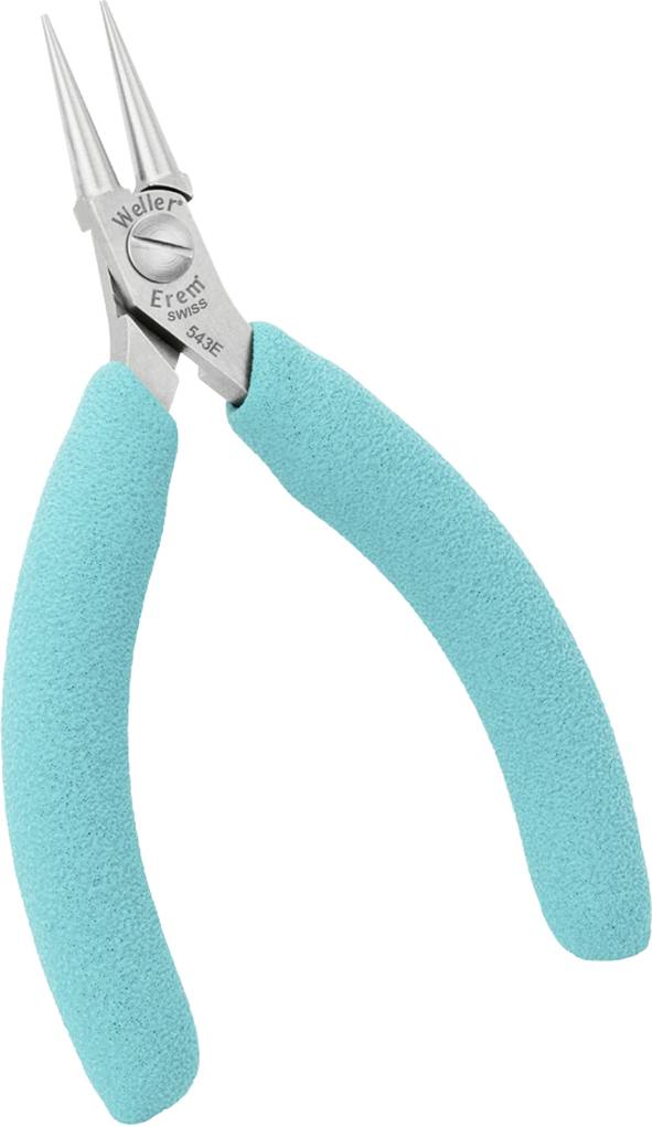 A pair of pliers with turquoise handles, used for precise work in crafts or electronics.
