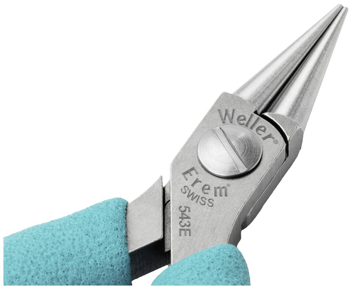 A fine-pointed pliers with turquoise handles and the inscription 'Weller Erem SWISS 543E' on the metal body.