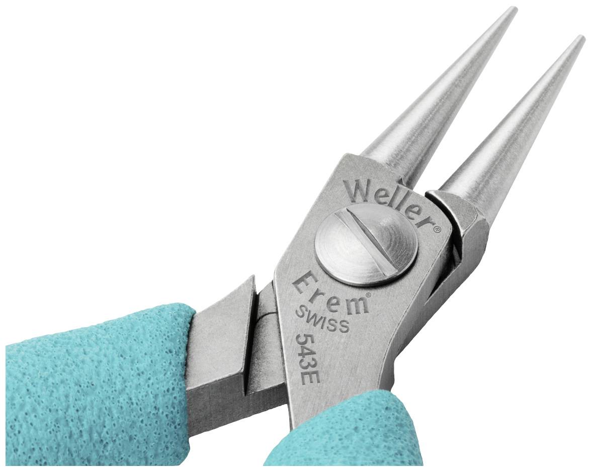 Metal pliers with pointed grips, turquoise handles and an engraving 'Weller Erem Swiss 543E' on the side.
