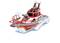 Red toy rescue boat with grey and white details moving on water, with 'Fire Rescue' written on the side.