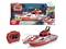 Remote-controlled Fire Rescue Boat with remote. Features: Water spraying capability, waterproof electronics. Packaging displays design and functions.