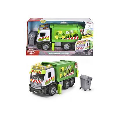 Toy waste collection truck set with green 'ECO Recycling' design, flashing lights and grey waste bin. Packaging displays brand logos.