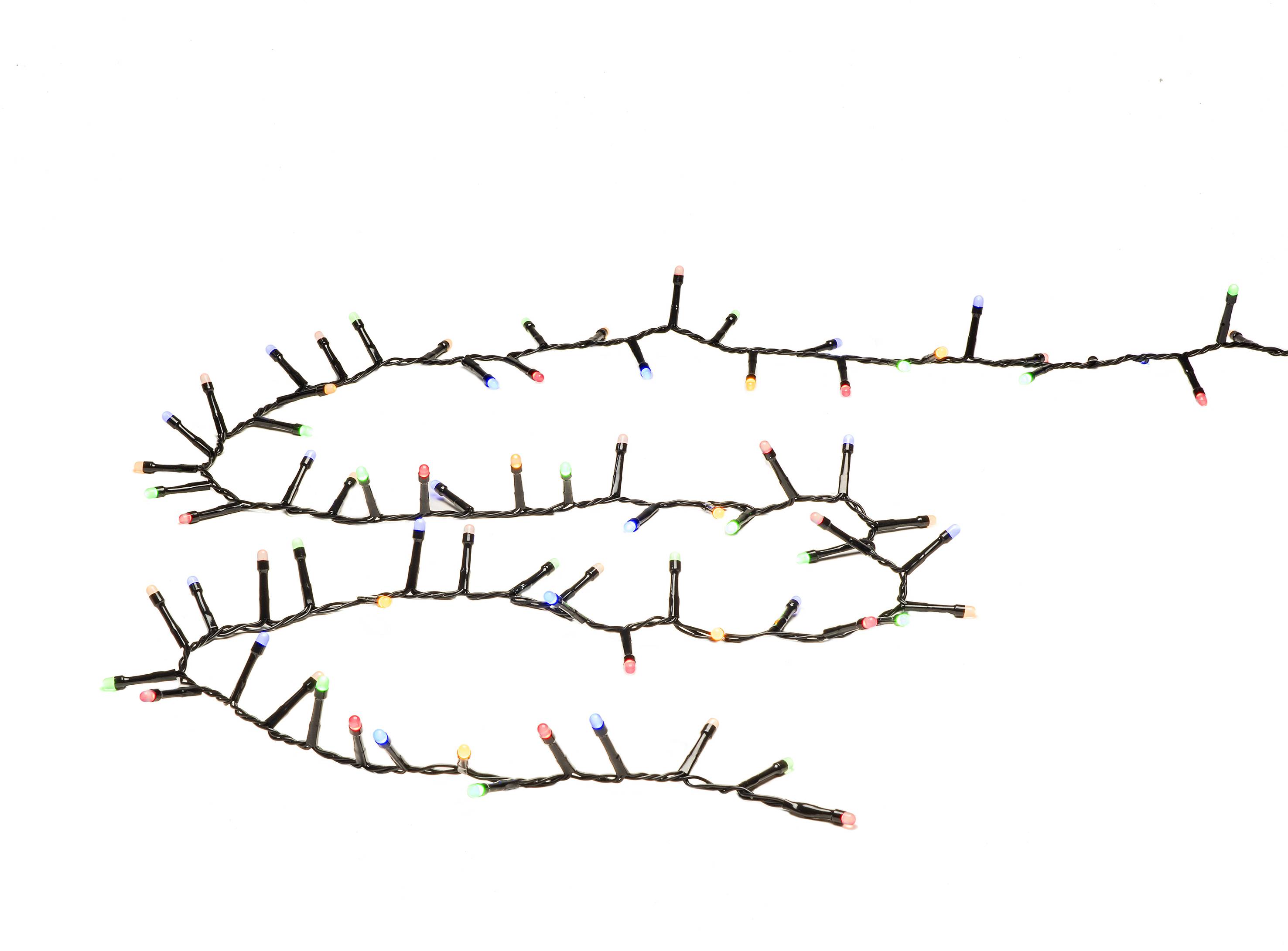 Colourful string of lights with small, multi-coloured light bulbs on a white background.