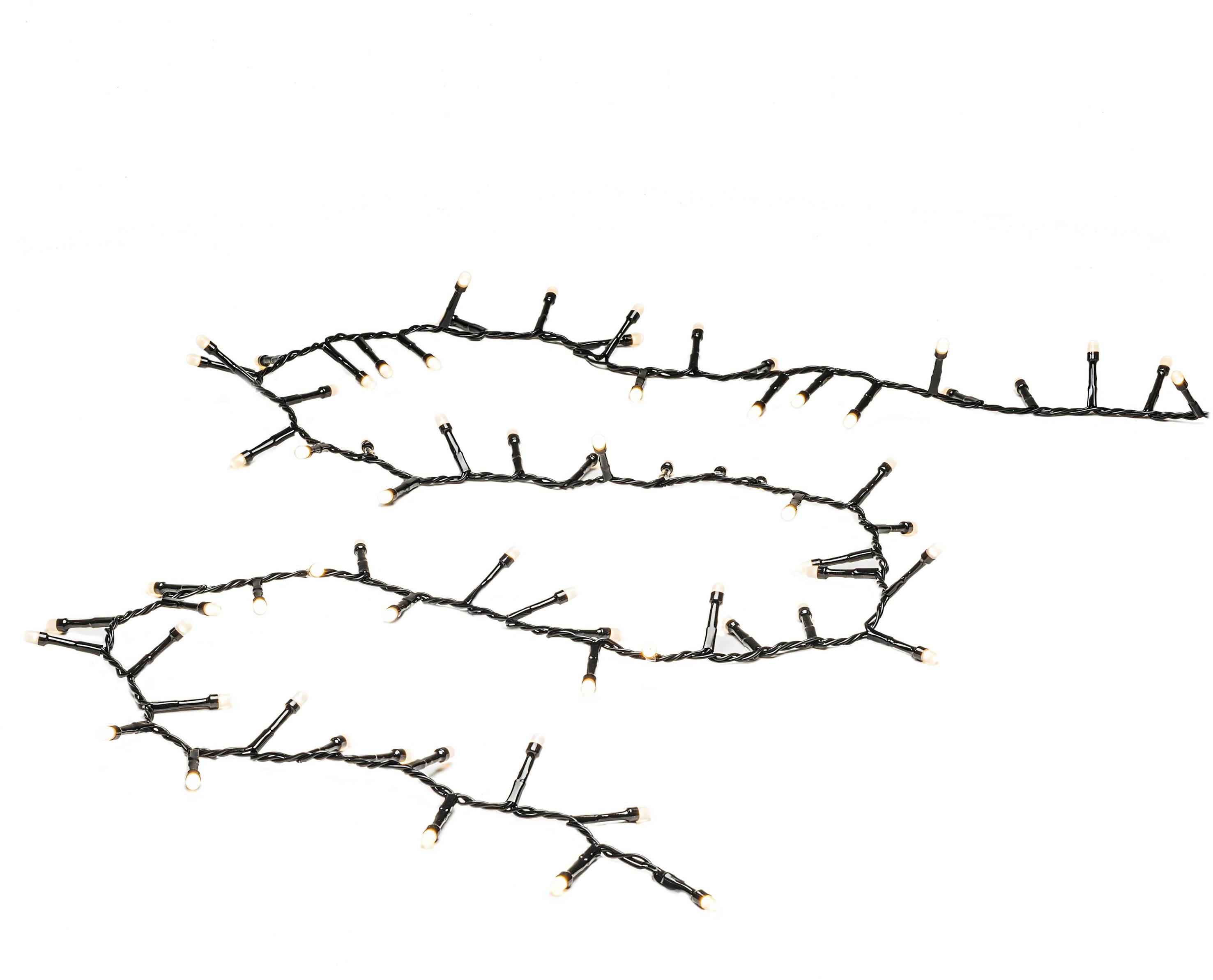 String of lights with small warm white bulbs, irregularly arranged, on a white background. Perfect for decoration.