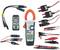 Various electrical testing devices and cables, including a clamp ammeter and a digital measuring instrument, arranged on a white background.