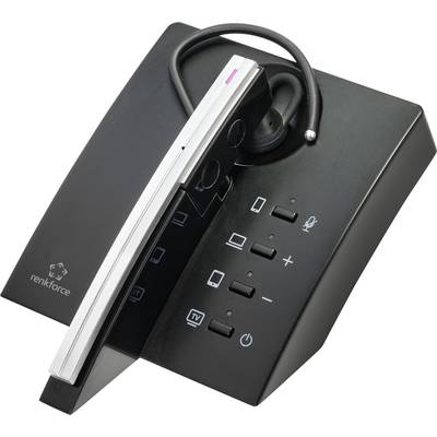 A black cordless telephone with a modern design, sitting on a charging station. Buttons for volume, mute, and TV mode.