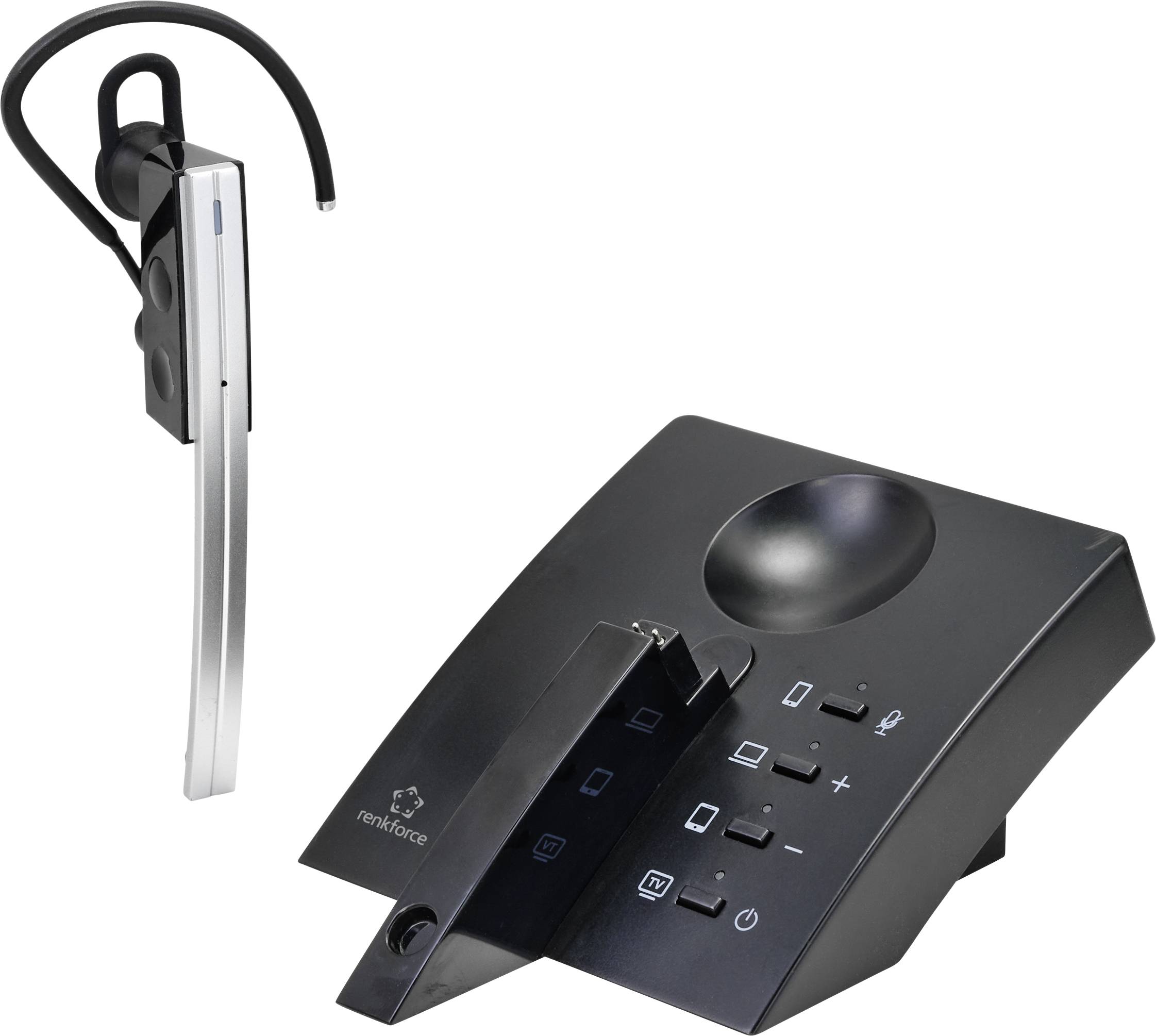A cordless headset and a telephone base station. The headset is sleek and modern, with the base displaying multiple function buttons.