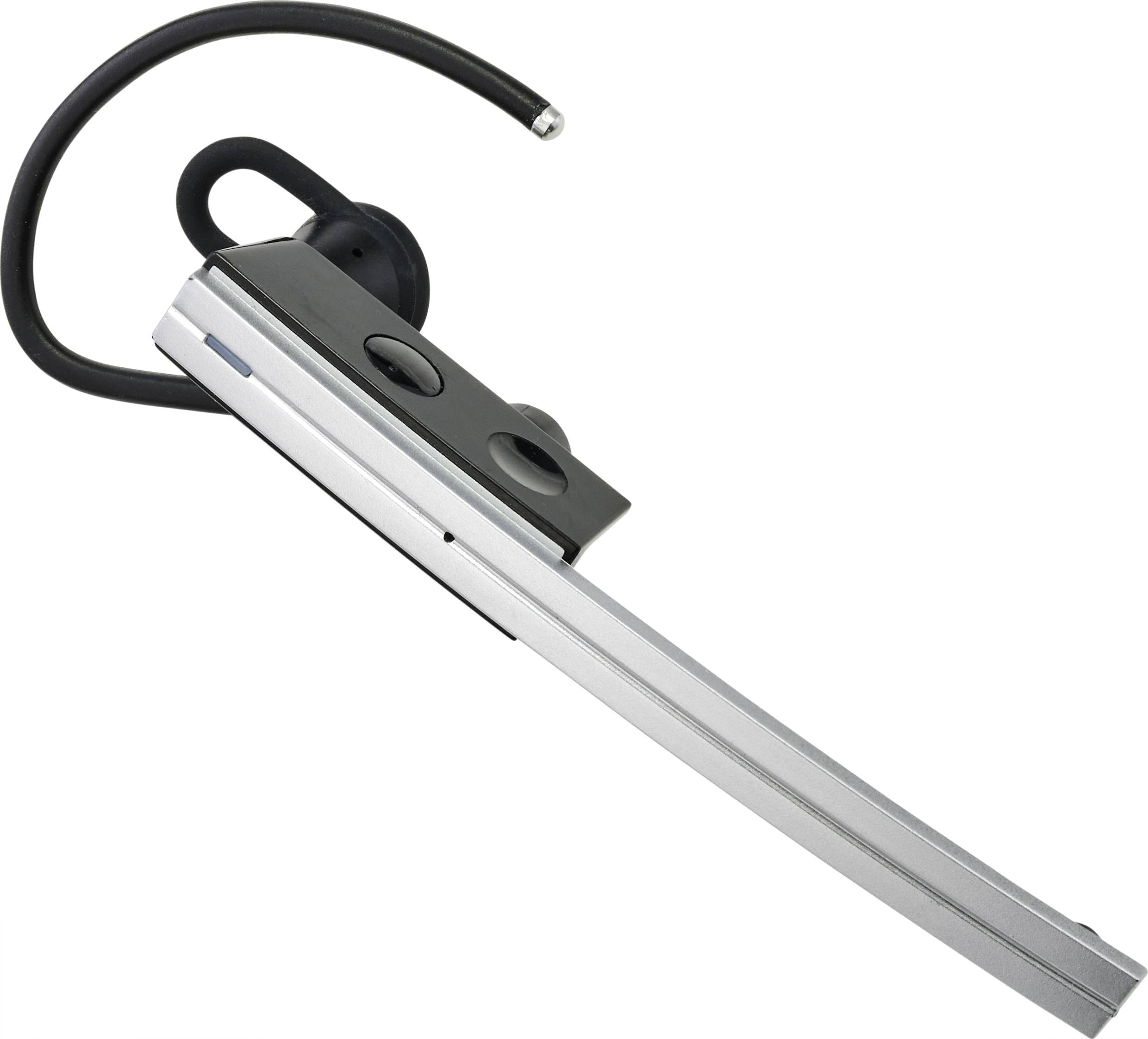 Black Bluetooth headset with a slim silver stem and ear hook, suitable for telephone calls and hands-free communication.