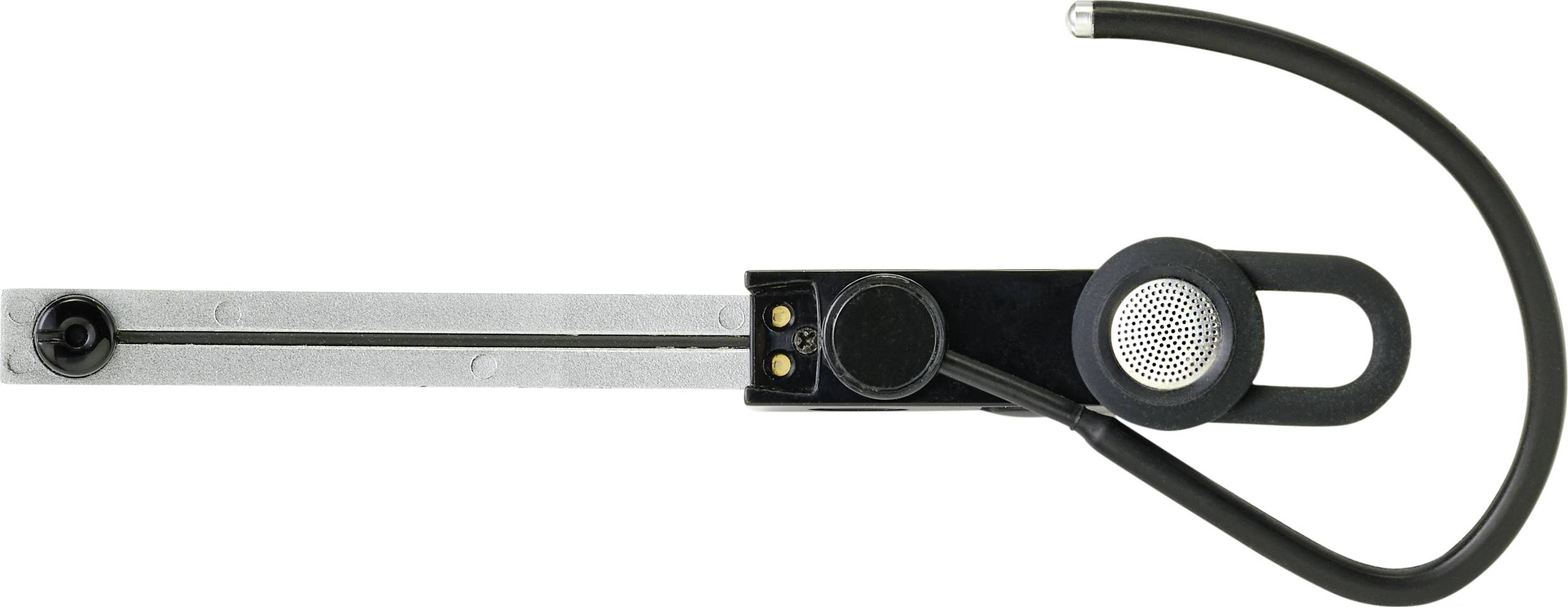 The image shows a black and silver battery-powered calculator. The calculator has a metal hinge and an ear hook.