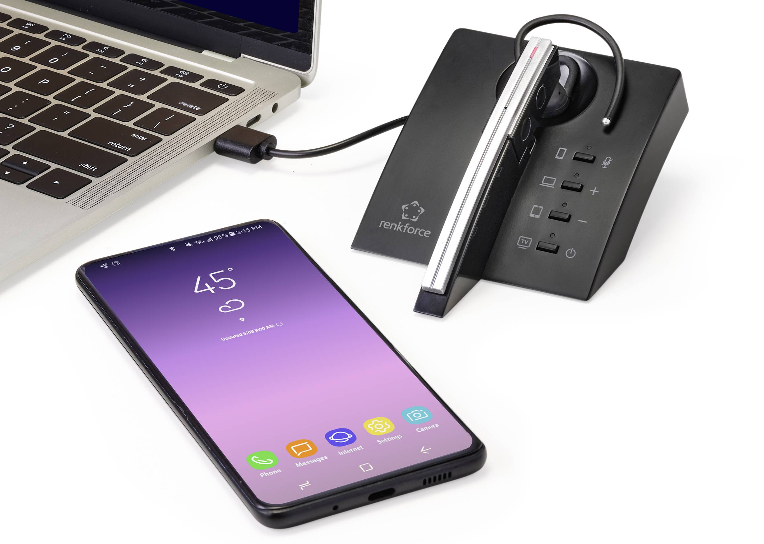 Smartphone displaying '45°', connected to a laptop and a wireless headset on a base station, ideal for mobile working.