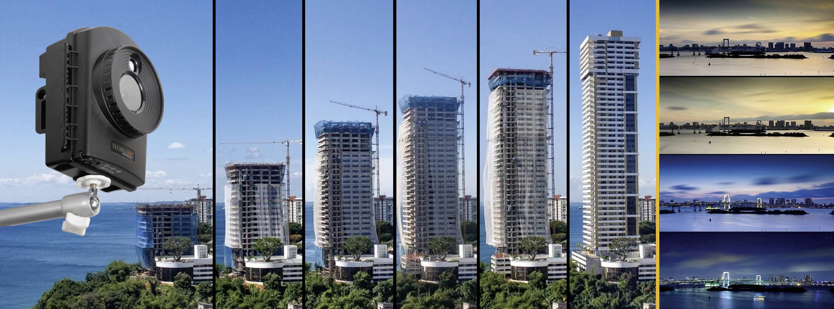 The image depicts the construction progress of a skyscraper at various stages by the ocean, with a camera positioned on the left side of the foreground.