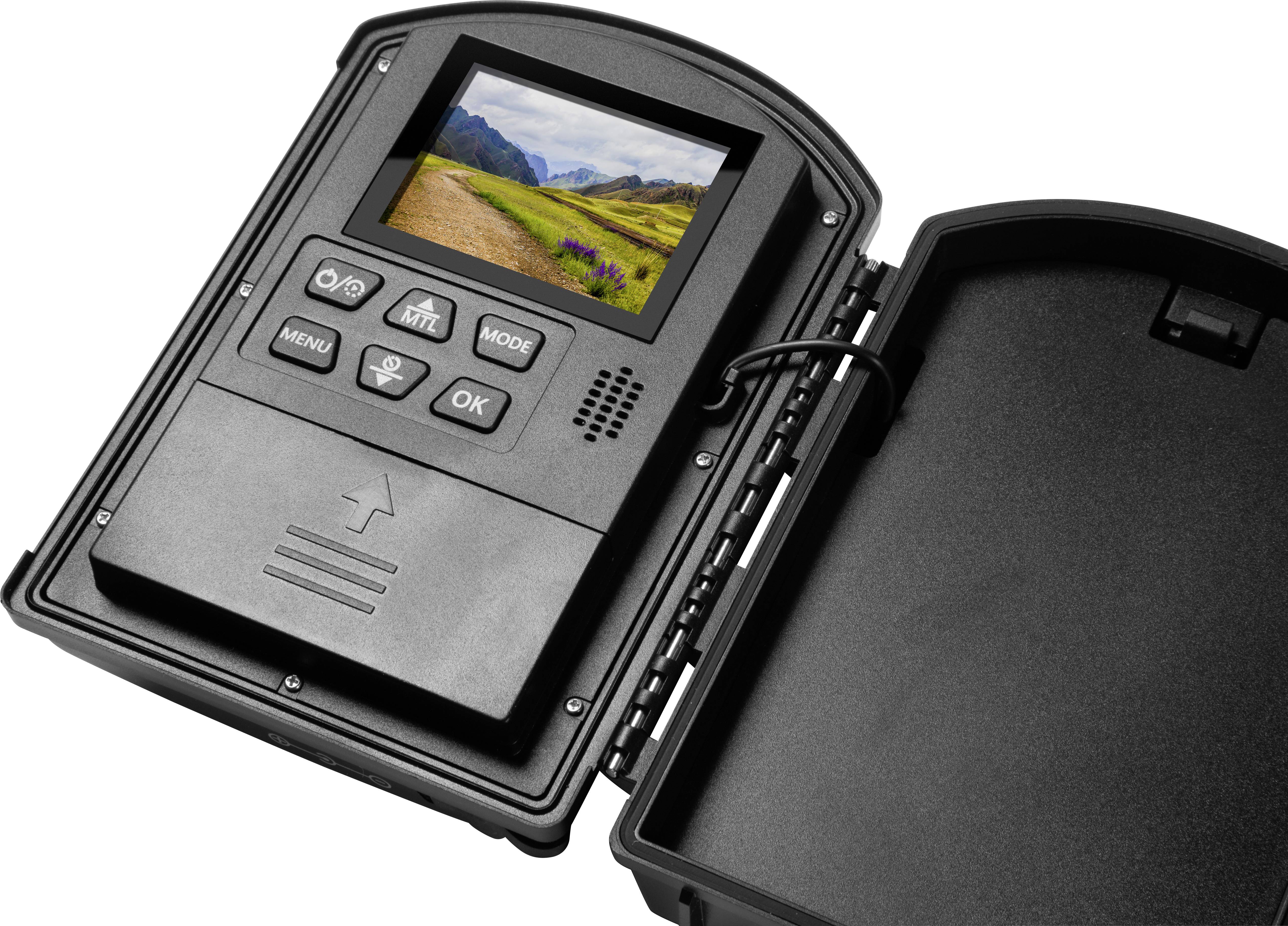 Wildlife camera with open casing shows a display with a landscape. Operating buttons underneath are 'OK', 'MODE', 'MENU', 'UP', 'DOWN'.