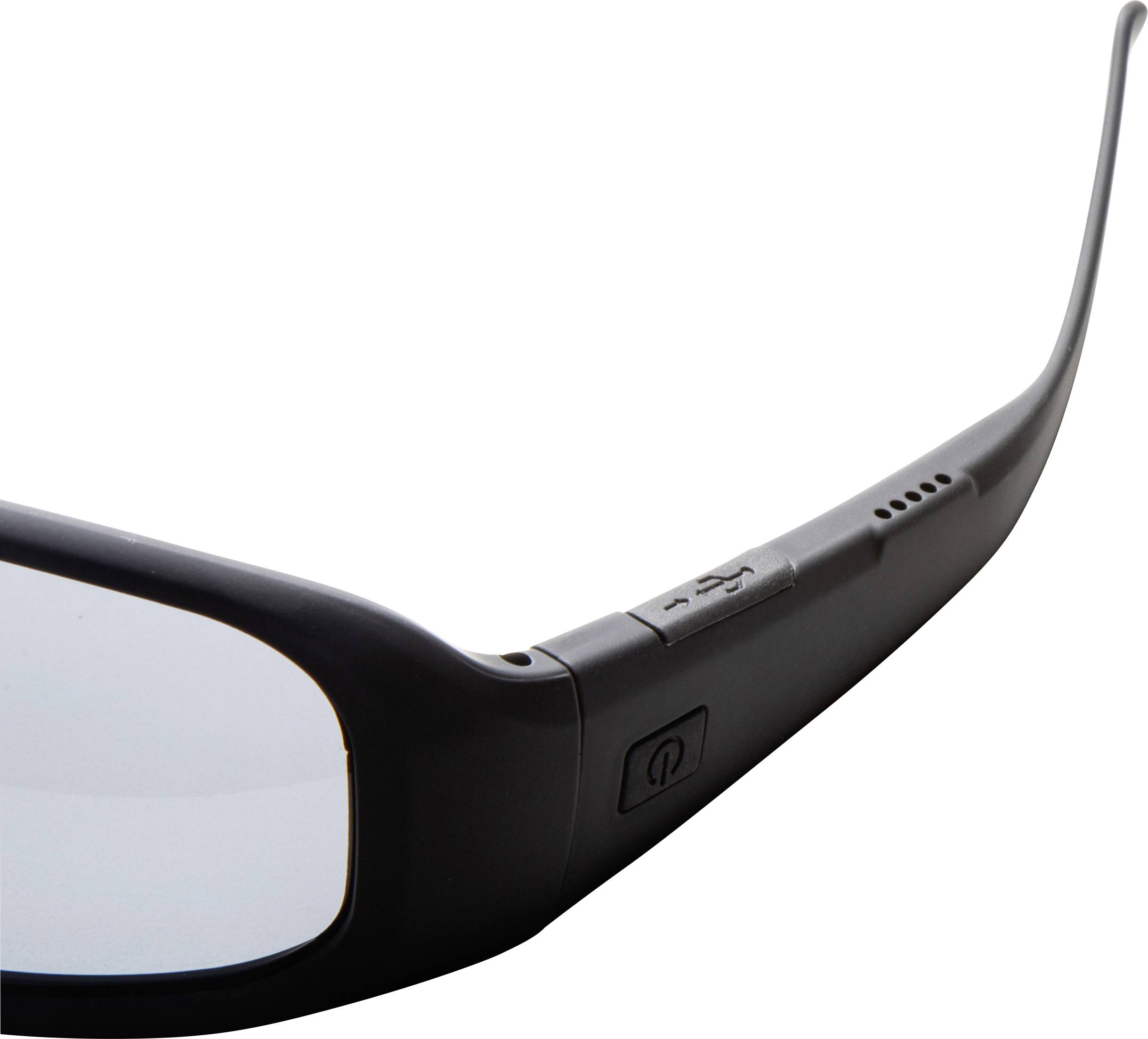 Black sunglasses with built-in speakers in the arms.