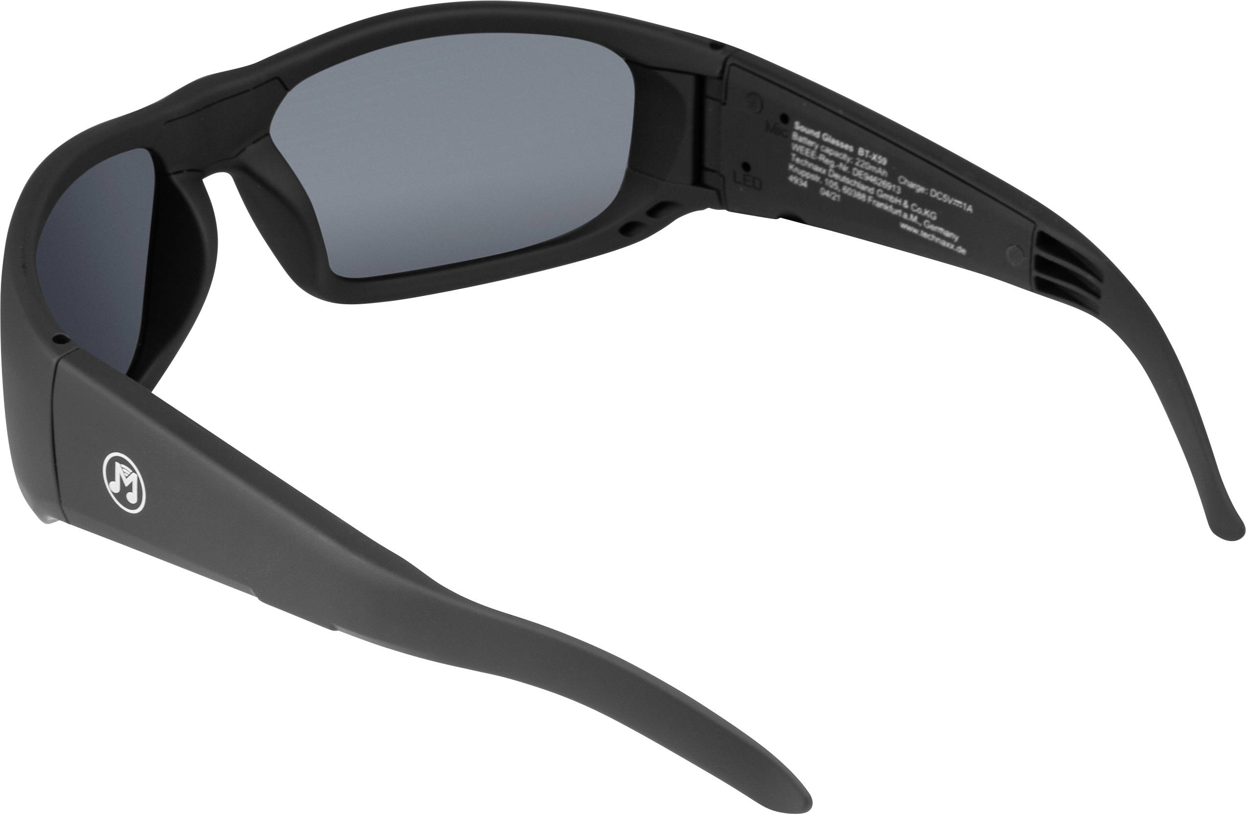 Black sunglasses with tinted lenses, viewed from behind, showing the marked inside of the arm with product information.