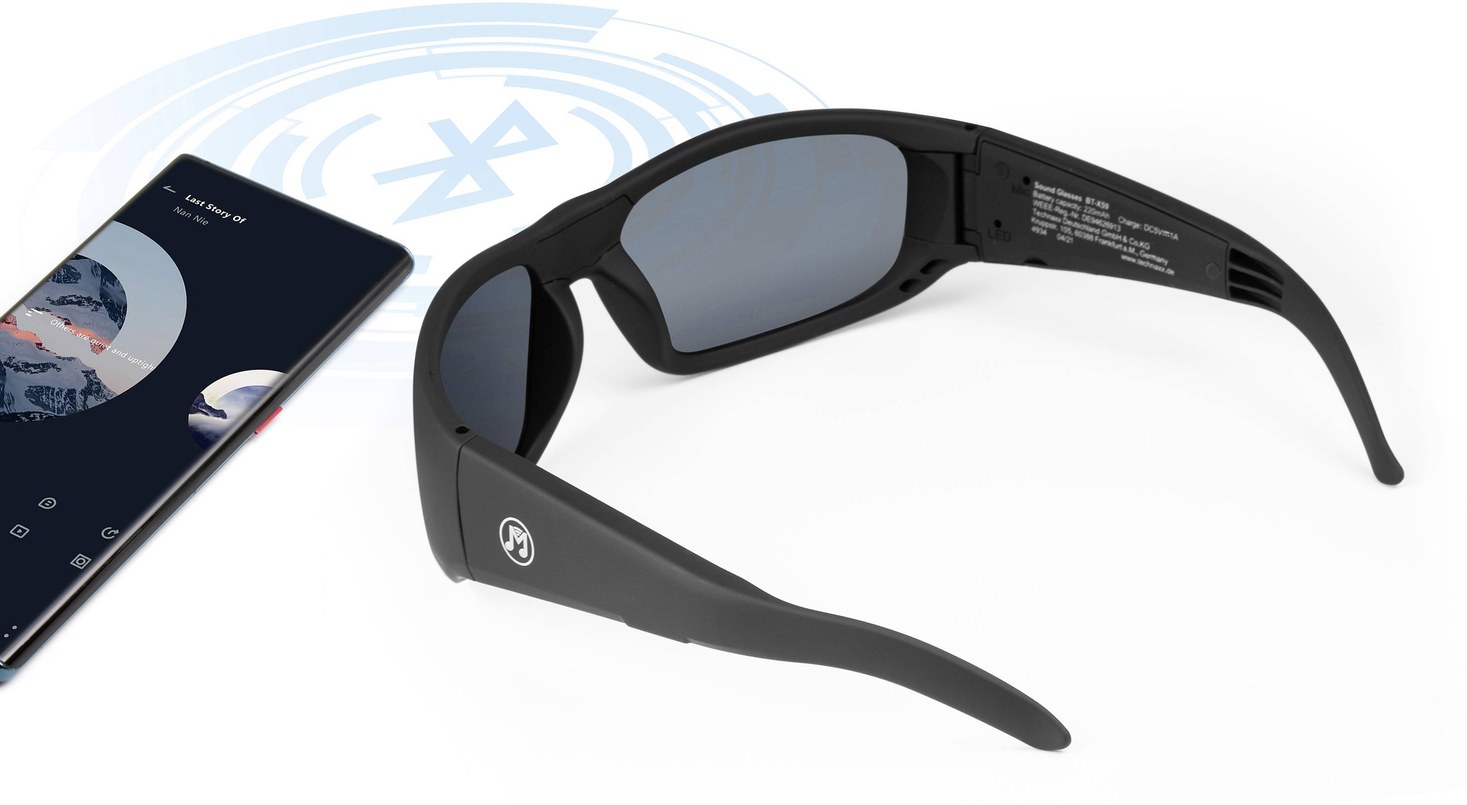 Sunglasses with a Bluetooth logo next to a smartphone screen showing a connection.