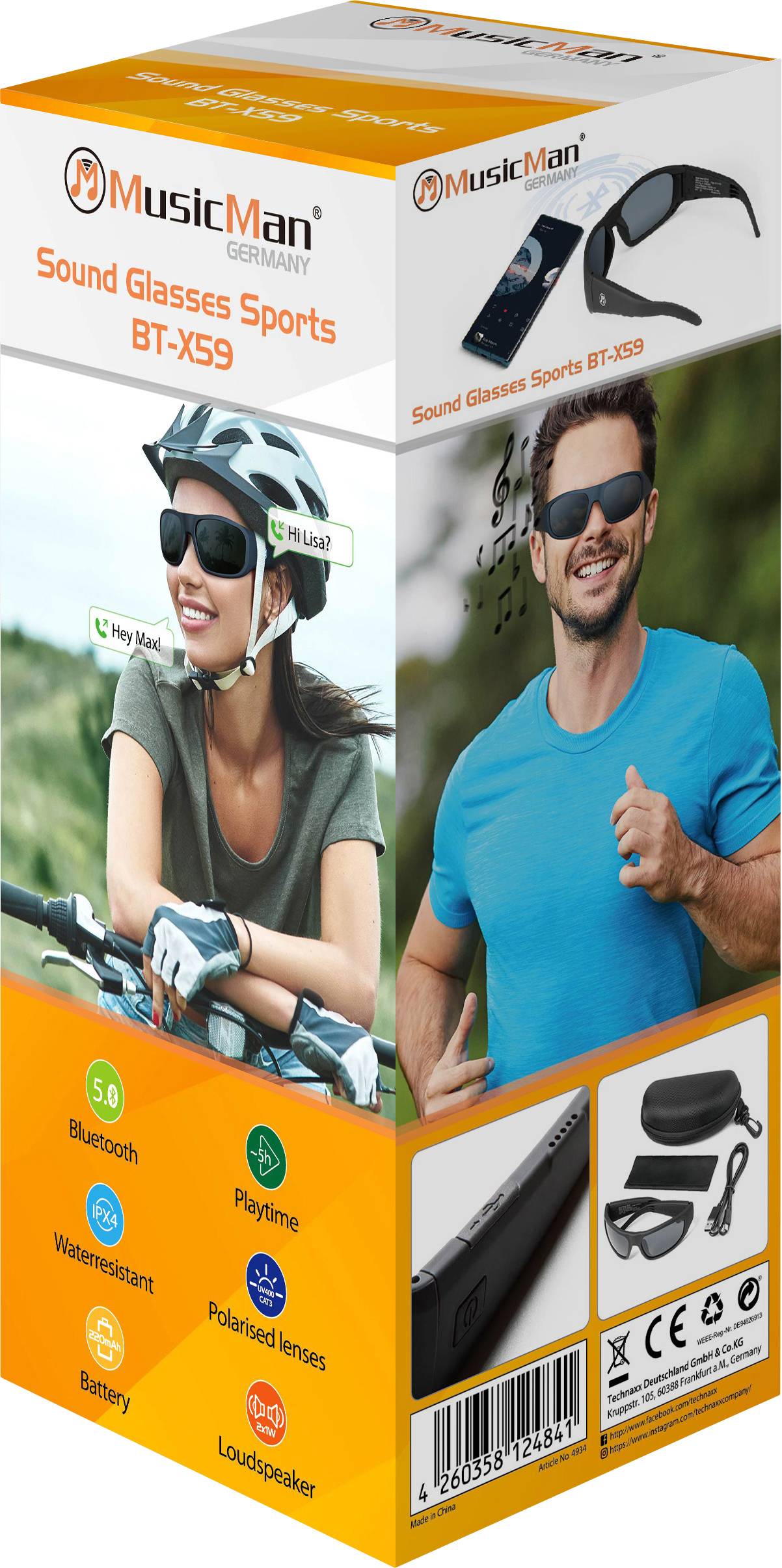 A packaging for 'Sound Glasses Sports BT-XS9' featuring an image of a smiling man and a female cyclist. Functions: Bluetooth, 5-hour playtime, waterproof, polarised lenses, rechargeable battery, speakers.