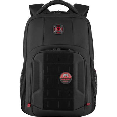 Black rucksack with red details, gaming controller logo on the front pocket. Ideal for transporting gaming accessories.