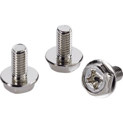 Three metal screws with silver-coloured thread and hexagonal heads, one screw showing the top of the head, the others the thread.