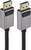 Two DisplayPort cable plugs with black cable. Plugs are silver with black release button. Used for video and audio transmission.