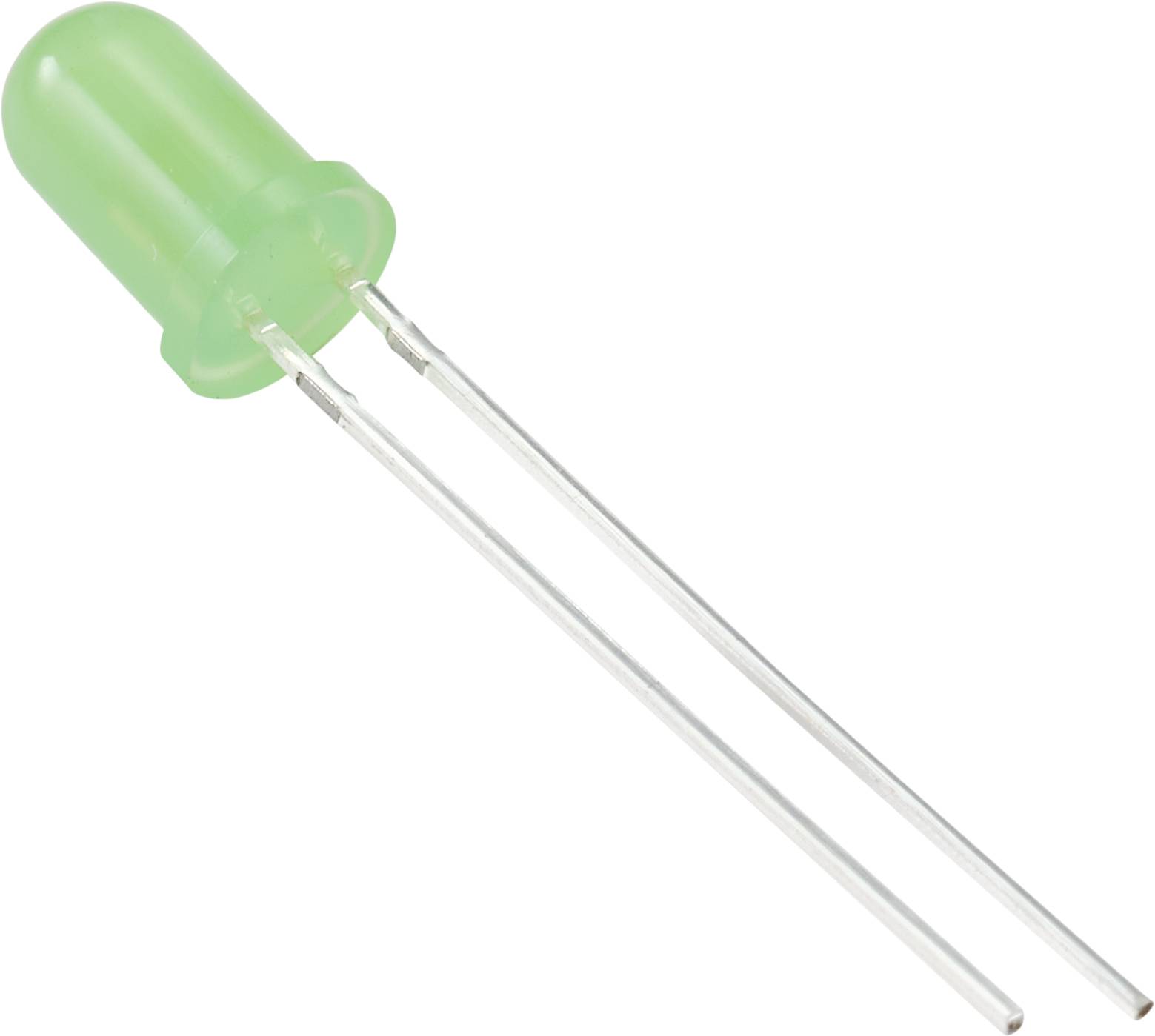 Green light-emitting diode (LED) with two long metal legs that serve as electrical connections. It is used in electronic devices.