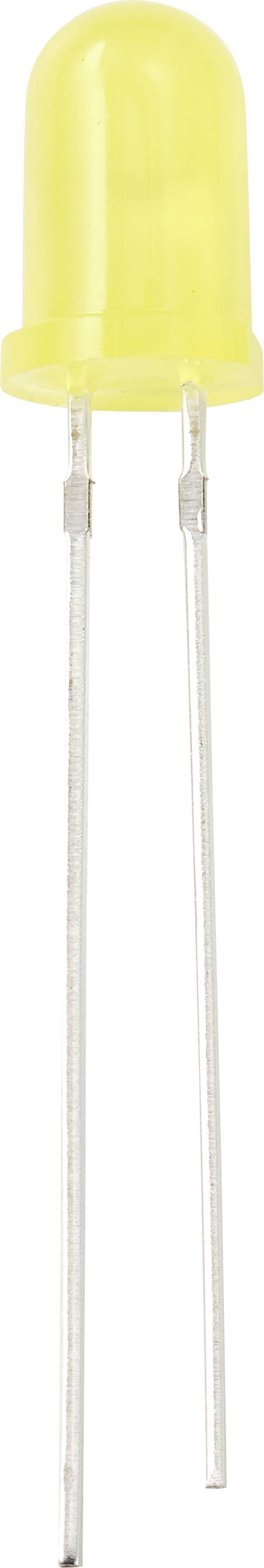 Yellow LED with two metal terminals, vertically oriented for electronic applications.