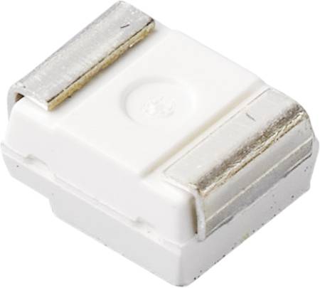 White electronic component with metallic contacts on both sides, possibly a fuse.