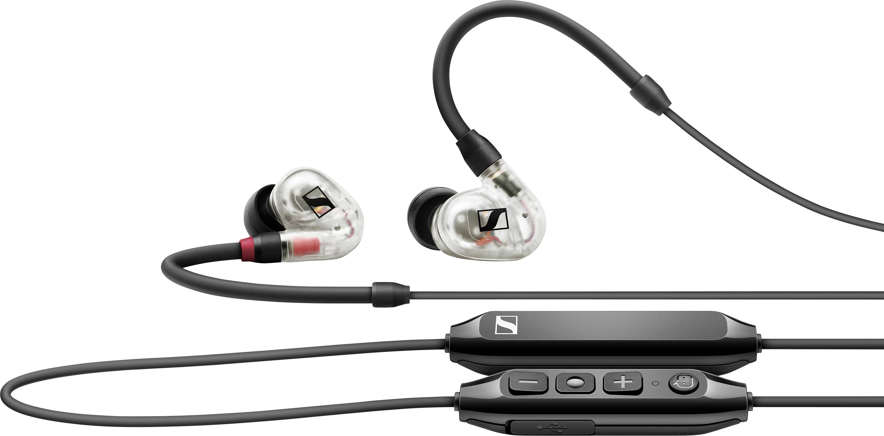 Black in-ear headphones with transparent earpieces and cable remote control for volume adjustment and track control.